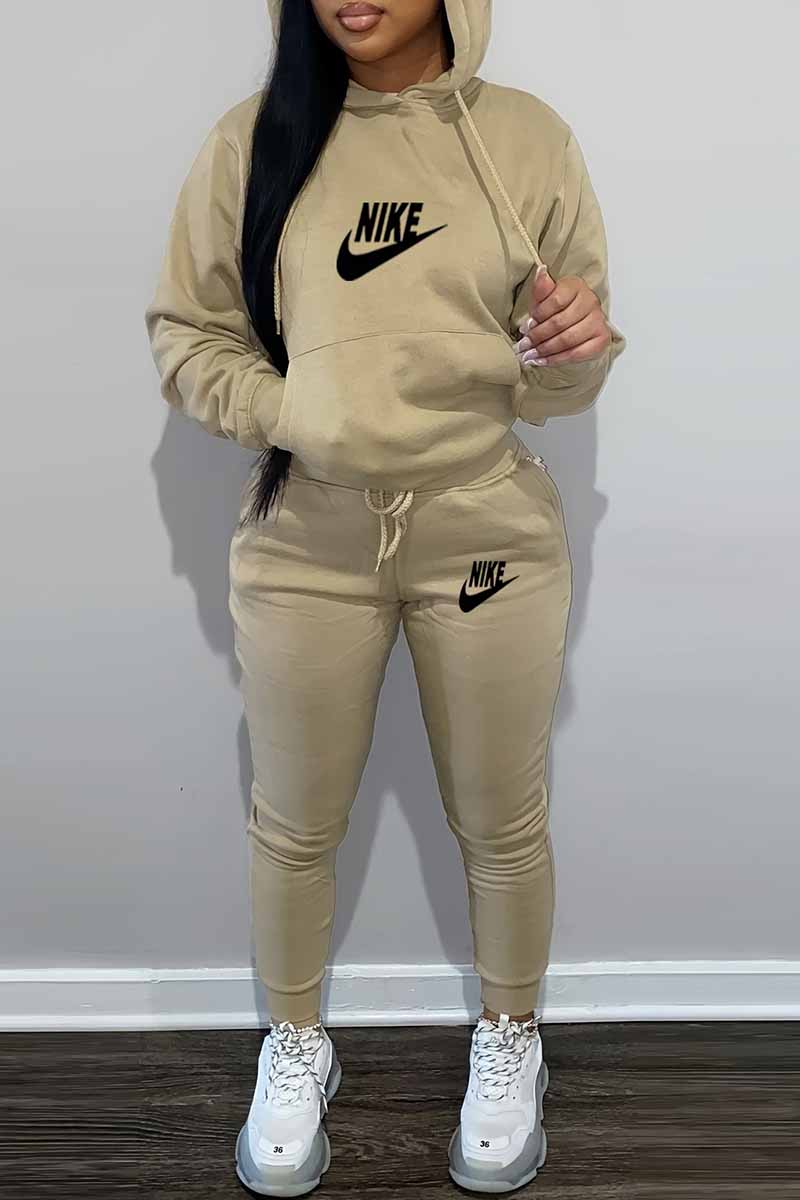 

Khaki Casual Print Letter Hooded Collar Long Sleeve Two Pieces