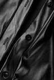 Robes de grande taille noires décontractées en patchwork col rabattu à manches longues