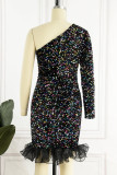 Black Elegant Solid Sequins Patchwork Oblique Collar Evening Dress Dresses