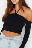 Zwart Sexy Casual Solid Bandage Backless Off-shoulder Tops