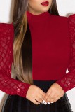 Burgundy Casual Patchwork Sequins See-through Turtleneck Tops