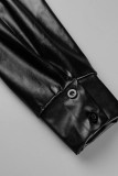 ブラック カジュアル ソリッド パッチワーク ターンダウン カラー ロング スリーブ プラス サイズ ドレス