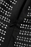Vestidos de manga larga con cuello en O y abertura en caliente de patchwork sexy negro