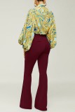 Pantalon bordeaux décontracté solide basique taille haute conventionnel couleur unie