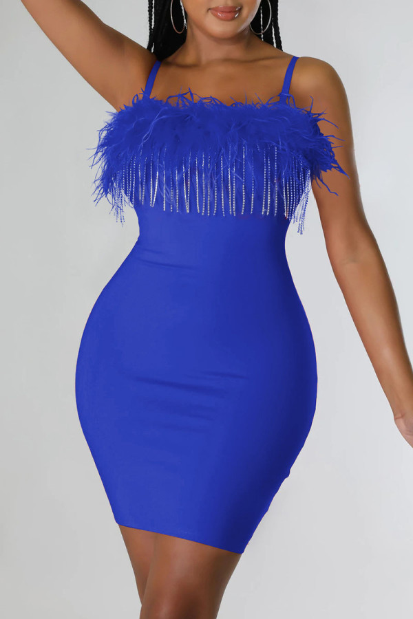Azul sexy sólido borla patchwork plumas correa de espagueti lápiz falda vestidos