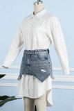 Белый повседневный сплошной рваный лоскутный воротник рубашки с длинным рукавом из двух частей
