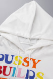 White Fashion Casual Letter Print Basic Hooded Collar Tops