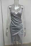 シルバー セクシー ソリッド パッチワーク スリット 非対称 スパゲッティ ストラップ スリング ドレス ドレス