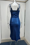 Deep Blue Sexy Solid Patchwork Slit Asymmetrical Spaghetti Strap Sling Dress Dresses