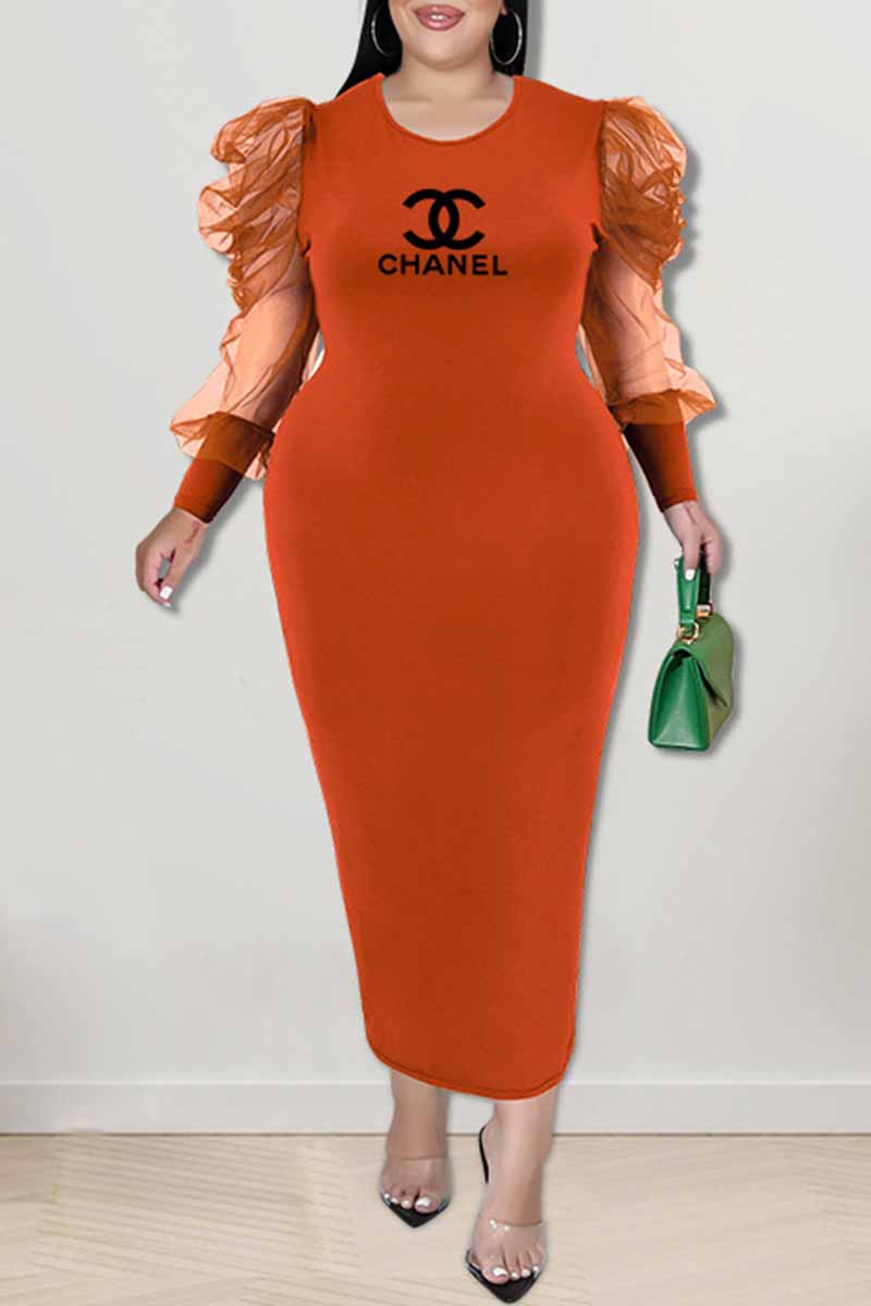 

Orange Red Elegant Print Patchwork Letter O Neck Plus Size Dresses