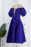 Azul sexy elegante sólido patchwork rebordear o cuello una línea vestidos