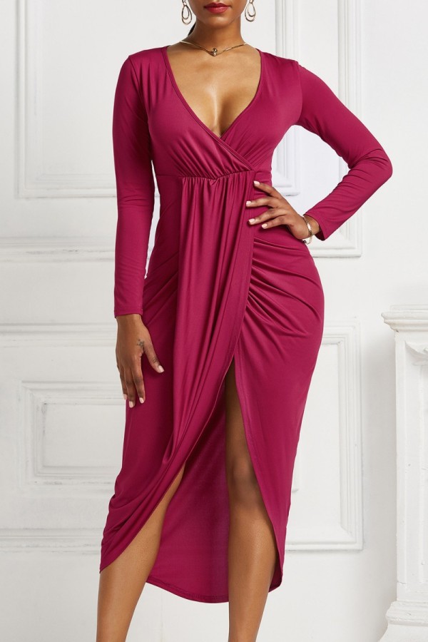 Пурпурно-красные повседневные однотонные платья в стиле пэчворк с V-образным вырезом и длинными рукавами