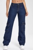 Djupblå Casual Solid Patchwork Grundläggande raka jeans med hög midja