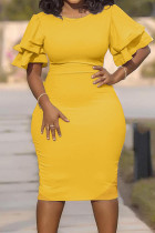 Gele casual effen patchwork O-hals eenstaps rok Grote maten jurken