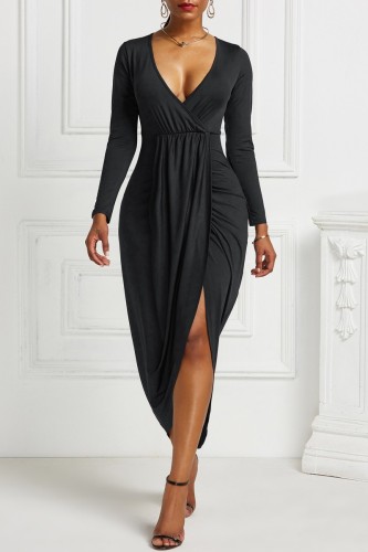 Black Casual Solid Patchwork V Neck Long Sleeve Dresses