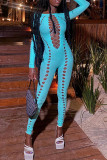 Blue Sexy Solid Hollowed Out Patchwork Off the Shoulder Skinny Jumpsuits