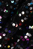 Robe de soirée à col oblique en patchwork de paillettes solides noires élégantes