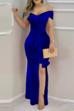 Blue Fashion Solid Flounce off-shoulder onregelmatige jurkjurken