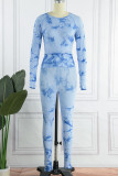Blå Casual Sportswear Print Patchwork O Neck Långärmad Två delar