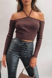 Coffee Sexy Casual Solid Bandage Backless Off the Shoulder Tops