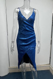Robes de robe à bretelles spaghetti asymétriques à fente asymétrique en patchwork solide bleu profond
