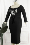 Black Casual Print Bandage Patchwork Off the Shoulder One Step Skirt Plus Size Dresses