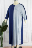Bleu Gris Casual Solide Patchwork Stringy Selvedge O Cou Droite Plus La Taille Robes