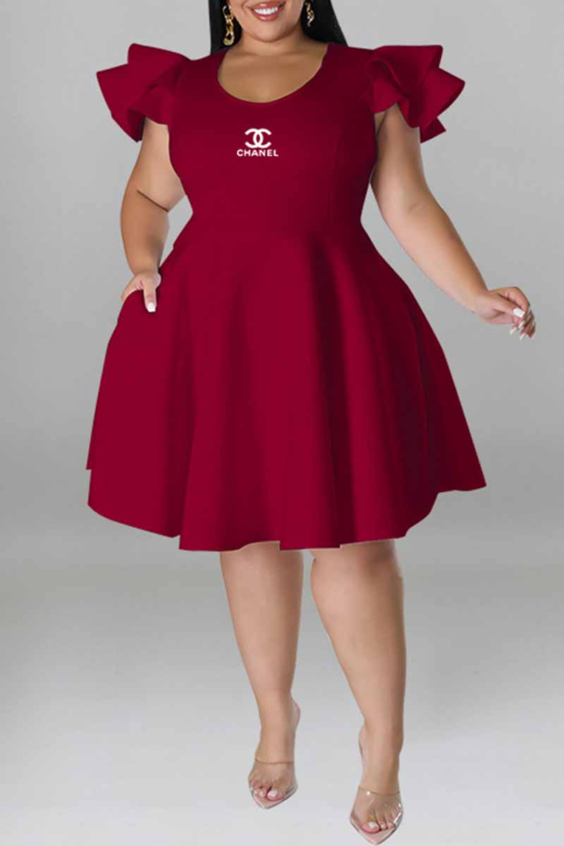 

Burgundy Elegant Print Letter O Neck A Line Plus Size Dresses