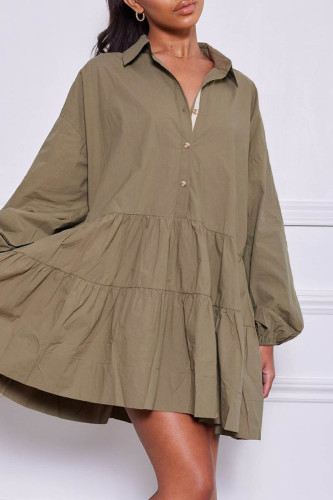 Green Casual Solid Patchwork Turndown Collar Shirt Dress Dresses