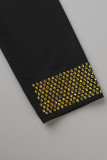 Robe longue noire élégante en patchwork de perles chaudes à col oblique