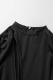 Vestidos pretos sexy lisos vazados com decote em O e manga comprida