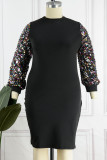 Ink Green Casual Patchwork Sequins Half A Turtleneck Long Sleeve Plus Size Dresses