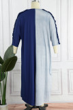 Blau Grau Casual Solid Patchwork Stringy Selvedge O Neck Straight Plus Size Kleider