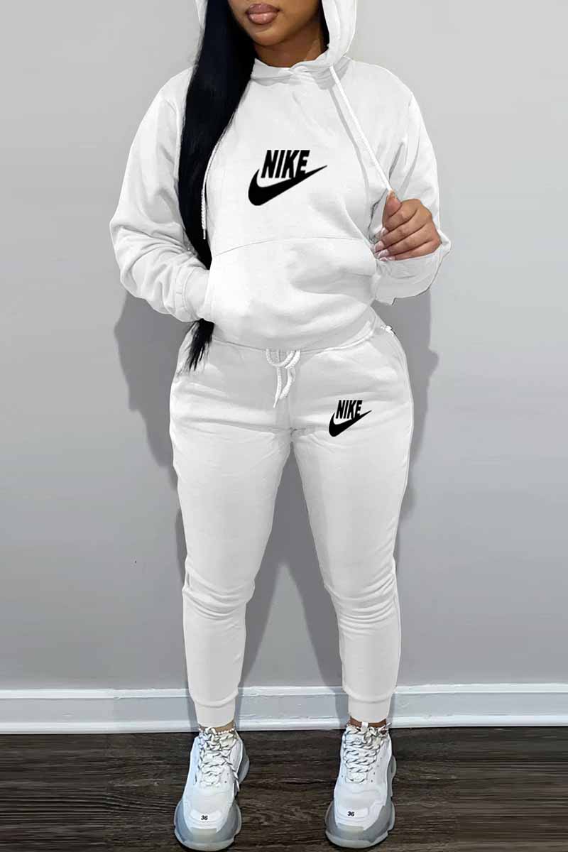 

White Casual Print Letter Hooded Collar Long Sleeve Two Pieces