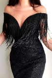Черное сексуальное однотонное вечернее платье с кисточками в стиле пэчворк с V-образным вырезом Платья