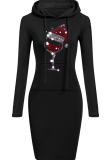 Black Street Patchwork Draw String Hooded Collar Pencil Skirt Plus Size Dresses