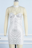 Weißes reizvolles Patchwork-heißes Bohren-rückenfreies Halter-ärmelloses Kleid-Kleider