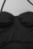 Negro sexy sólido patchwork dibujar cuerda doblar fuera del hombro lápiz falda vestidos