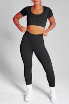 Черный Повседневная спортивная одежда Однотонный Пэчворк О-образный вырез С короткими рукавами Из двух частей