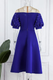 Azul sexy elegante sólido patchwork rebordear o cuello una línea vestidos