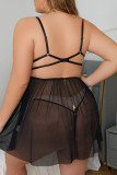 Black Sexy Solid Patchwork See-through With Bow Spaghetti Strap A Line Plus Size Dresses(Including Underwear)
