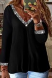 Black Casual Patchwork Sequins V Neck Plus Size Tops