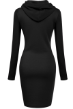 Black Street Patchwork Draw String Hooded Collar Pencil Skirt Plus Size Dresses