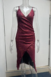 ピンク セクシー ソリッド パッチワーク スリット 非対称 スパゲッティ ストラップ スリング ドレス ドレス