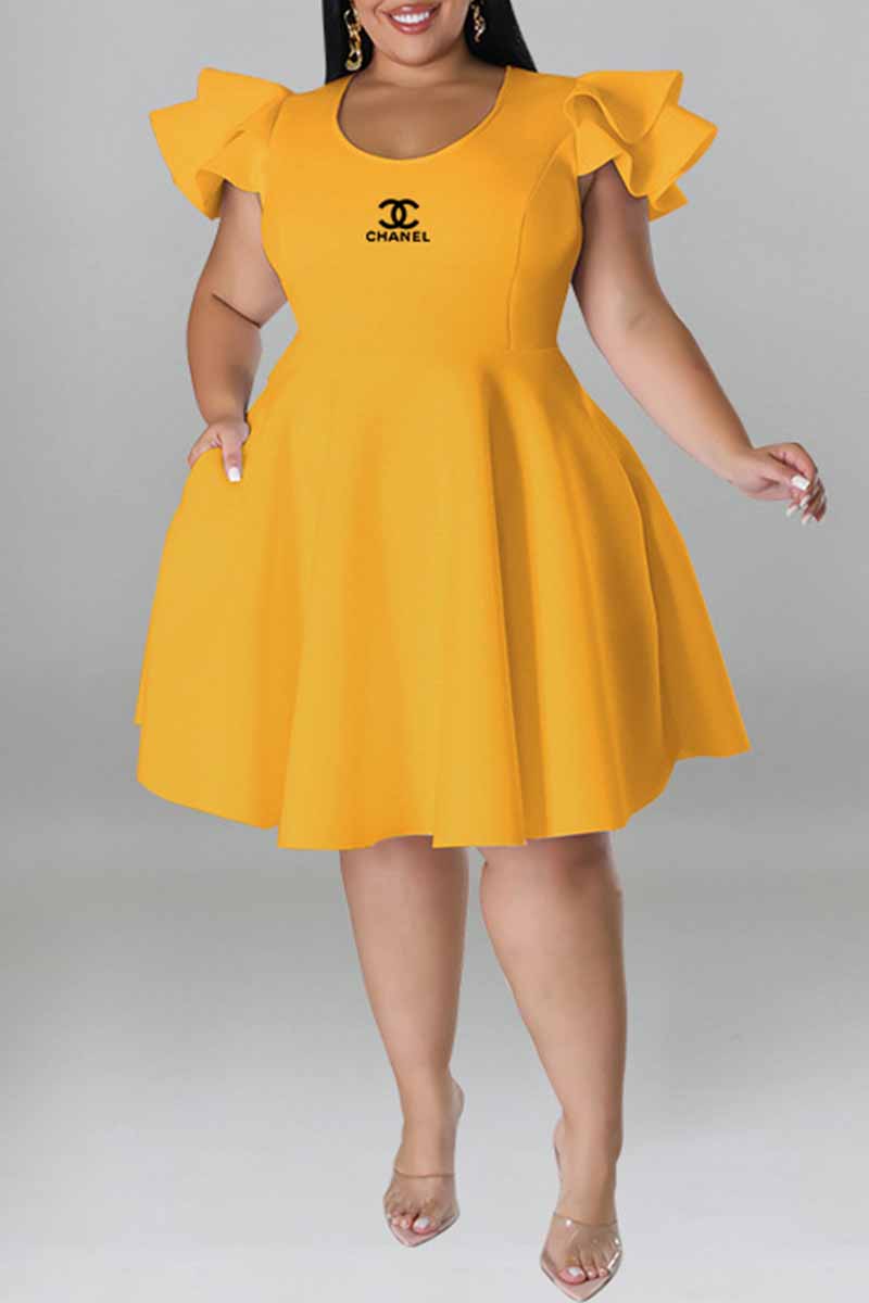 

Yellow Elegant Print Letter O Neck A Line Plus Size Dresses