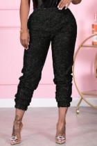 Pantalones casuales de patchwork de lentejuelas de cintura alta regular negro