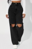 Jeans de mezclilla rectos de cintura alta ahuecados rasgados sólidos casuales negros