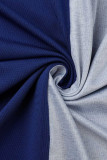 ブルー グレー カジュアル ソリッド パッチワーク ストリング セルヴィッチ O ネック ストレート プラスサイズ ドレス