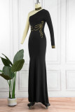 Черное элегантное однотонное длинное платье в стиле пэчворк с косым воротником и длинными платьями