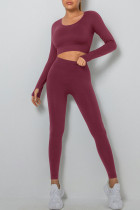 Burgundy Casual Sportswear Solid Patchwork U Neck Long Sleeve Two Pieces